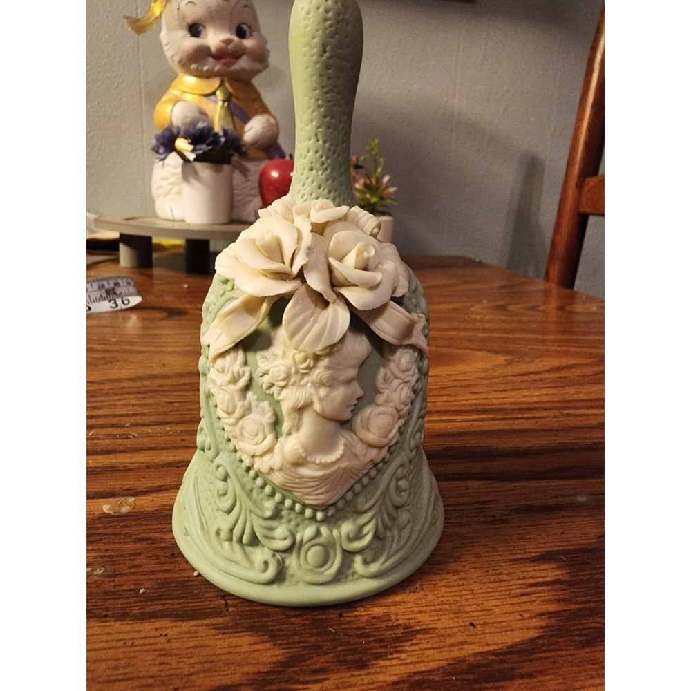 Vintage Sage Green & Ivory Cameo Collectible Bell Jasperware